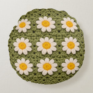 Grünes Oma-Quadrat-Häkelmuster floral Rundes Kissen