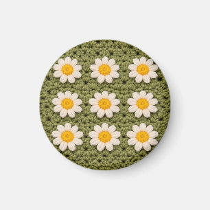 Grünes Oma-Quadrat-Häkelmuster mit Gänseblümchen f Magnet