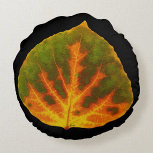 Grünes Orange und gelbes Aspen Leaf #1 Rundes Kissen
