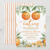 Grünes Orange Zwillings-Schätzchen 1. Geburtstag Einladung (Vorne/Hinten)