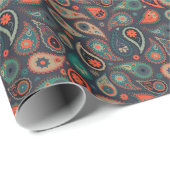 grünes orangefarbenes Paisley-Muster auf dunkelbla Geschenkpapier (Rolleneckpunkt)