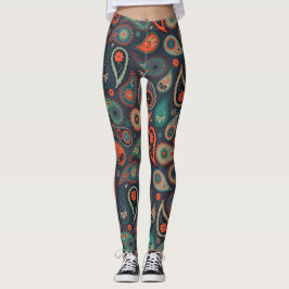 grünes orangefarbenes Paisley-Muster in dunkelblau Leggings