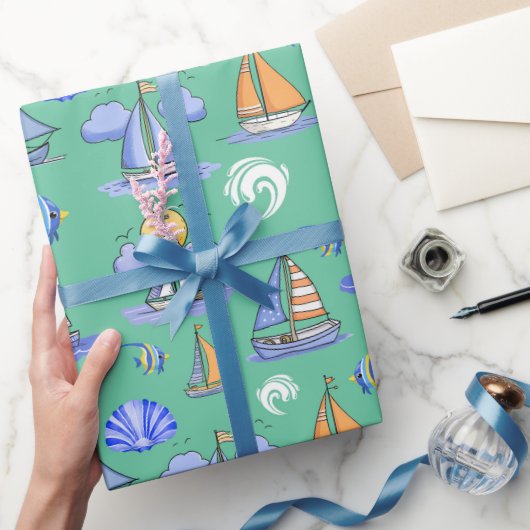 Grünes Papier zum Wrapping von Segelbooten Geschenkpapier (Schenken)