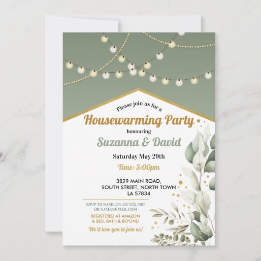 Grünes Party "Housewarming Spring Green Lights" Einladung (Vorderseite)
