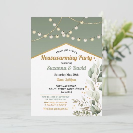 Grünes Party "Housewarming Spring Green Lights" Einladung (Stehend Vorderseite)