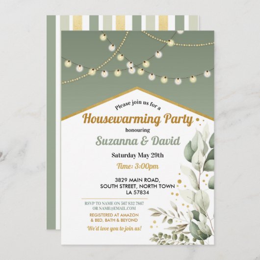 Grünes Party "Housewarming Spring Green Lights" Einladung (Vorne/Hinten)