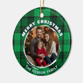 Grünes personalisiertes Familienfoto Karomuster Keramik Ornament (Links)