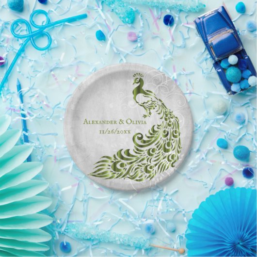 Grünes Pfauenleder-Hochzeitspapier Pappteller (Party)