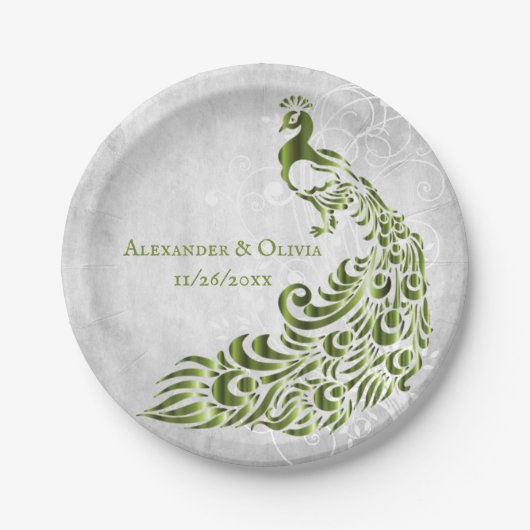 Grünes Pfauenleder-Hochzeitspapier Pappteller (Vorderseite)