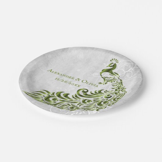 Grünes Pfauenleder-Hochzeitspapier Pappteller (Schrägansicht)