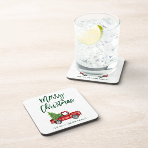 Grünes Pinselschreiben Vintager LKW Weihnachtsbau Getränkeuntersetzer