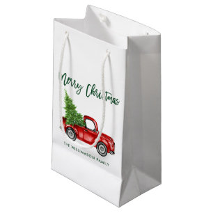 Grünes Pinselschreiben Vintager LKW Weihnachtsbau Kleine Geschenktüte