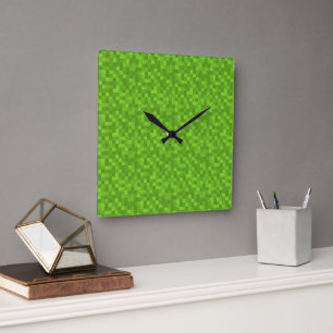 Grünes Pixelmuster Retro-8-Bit-Gaming Quadratische Wanduhr