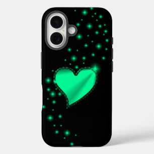 Grünes Regenbogenherz mit Sternen auf schwarz iPhone 16 Hülle