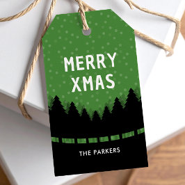 Grünes Retro Merry Xmas mit Kiefern und Schnee Geschenkanhänger