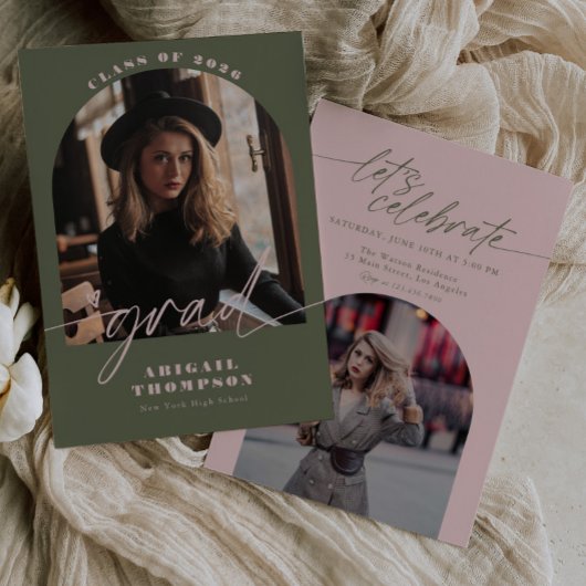 Grünes & Rosa-Bogen-Foto-Script-Abschluss Einladung