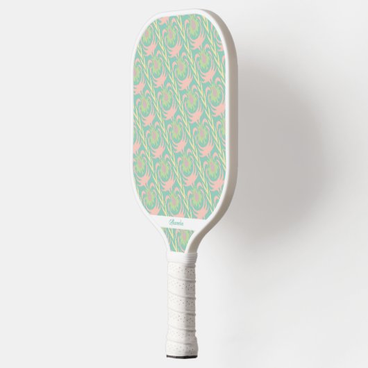 Grünes rosa Boho Blumenmuster Personalisiert Pickleball Schläger (Links)