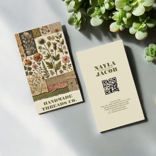 Grünes rosa Tuch und handgefertigte Patchwork-Klei Visitenkarte