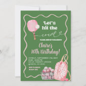 Grünes Rosa Wavy Retro Pickleball Geburtstag Einladung (Vorderseite)