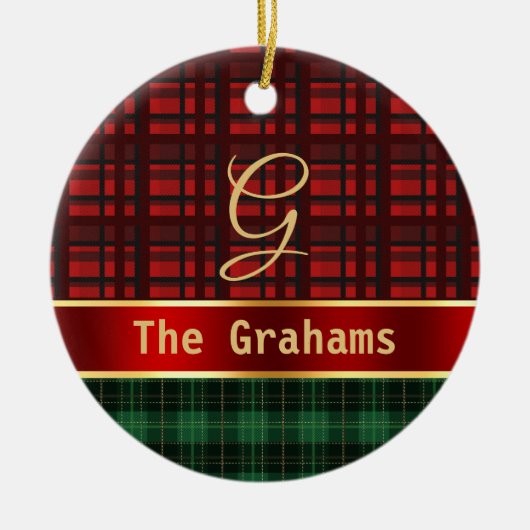Grünes Rot Kariert und Band mit Name und Anfangsbu Keramik Ornament (Vorne)