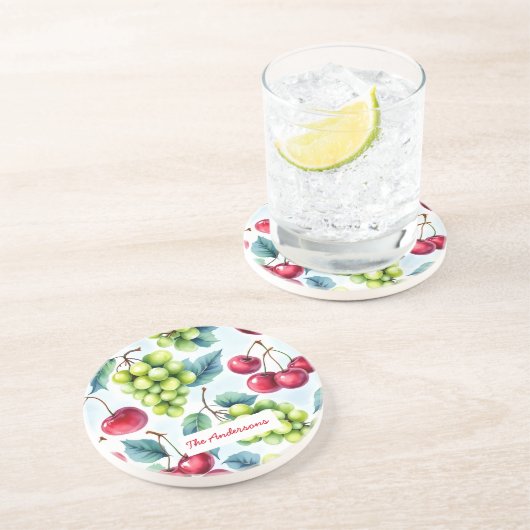 Grünes Rotes Fruchtfutter Muster Trauben Kirsche Getränkeuntersetzer (Seite)