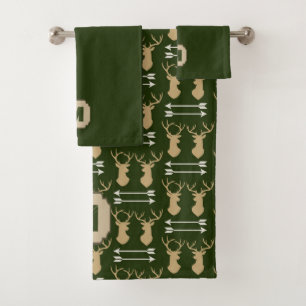 Grünes Rotwild-Pfeil-Muster-Monogramm Badhandtuch Set
