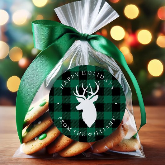 Grünes rustikales Kariertes Muster und Hirsch Runder Aufkleber