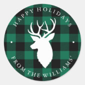 Grünes rustikales Kariertes Muster und Hirsch Runder Aufkleber (Vorderseite)