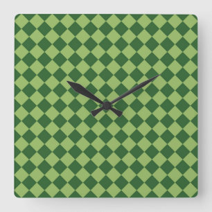 Grünes Schachbrett-Diamantmuster Quadratische Wanduhr