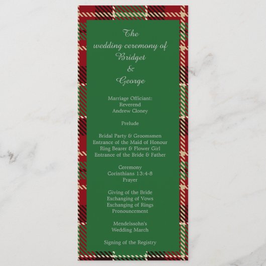 grünes, schottisches Hochzeitsmenü und Programm (Rückseite)
