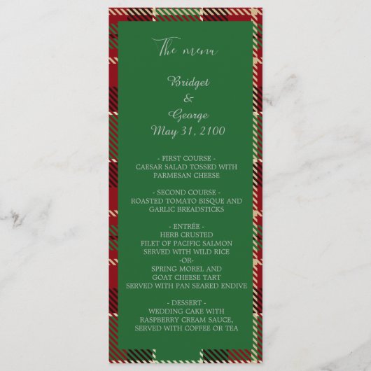 grünes, schottisches Hochzeitsprogramm & Menü Programm (Vorderseite)