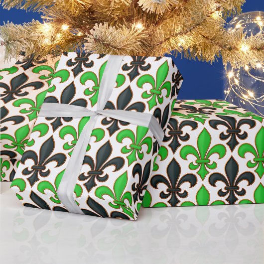 Grünes Schwarz Barock Fleur-de-lis Muster Design  Geschenkpapier