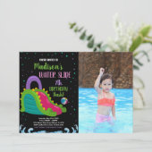 Grünes Schwarz Rosa Foto Wasserrutsche Geburtstag Einladung (Stehend Vorderseite)