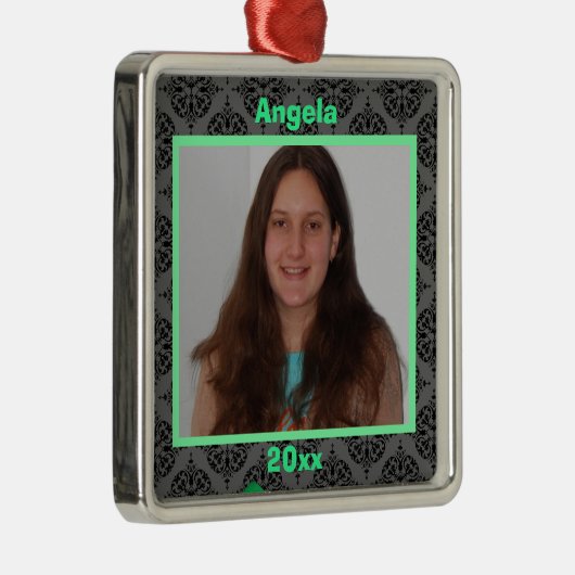 Grünes Schwarz und graues Damast Keepake-Ornament Silbernes Ornament (Rechts)