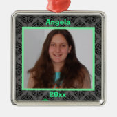 Grünes Schwarz und graues Damast Keepake-Ornament Silbernes Ornament (Vorne)