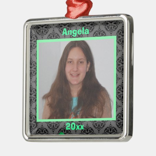 Grünes Schwarz und graues Damast Keepake-Ornament Silbernes Ornament (Links)