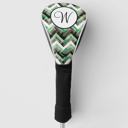 Grünes Schwarz-weißes Zickzack texturiertes Monogr Golf Headcover (Vorderseite)
