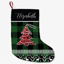 Grünes schwarzes Büffel-Karo-Personalisierter Name Kleiner Weihnachtsstrumpf