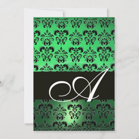 GRÜNES SCHWARZES DAMASK-MONOGRAMM, hell weiß Einladung (Vorderseite)