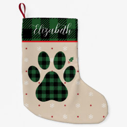 Grünes schwarzes Karo Pfotenabdruck Personalisiert Kleiner Weihnachtsstrumpf