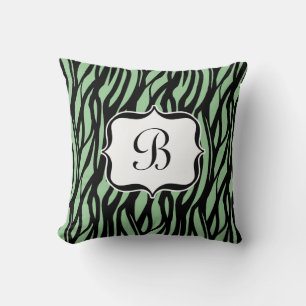 Grünes, Schwarzweiss-Zebra-Monogramm-Kissen Kissen