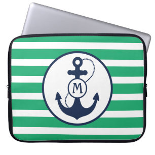 Grünes Seeanker-Monogramm Laptopschutzhülle