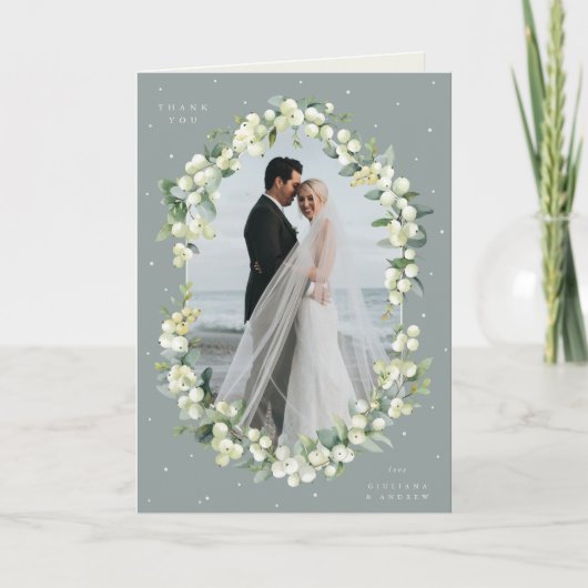 Grünes Snowberry+Eukalyptus Hochzeitsstich Foto ei Dankeskarte (Vorderseite)