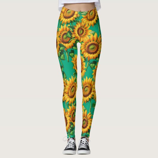 Grünes Sonnenblumenmuster Muster Leggings (Vorderseite)