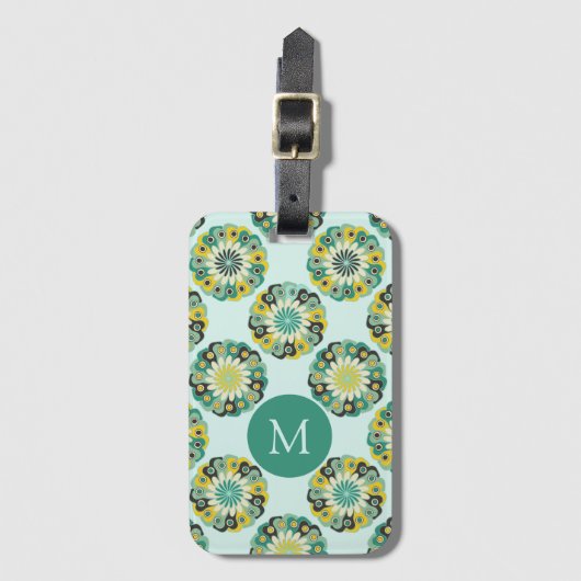 Grünes Teal modernes Blumenmuster Monogramm Gepäckanhänger (Vorderseite Vertikal)