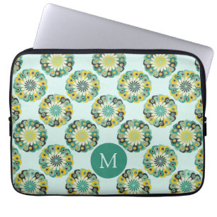 Grünes Teal modernes Blumenmuster Monogramm Laptopschutzhülle