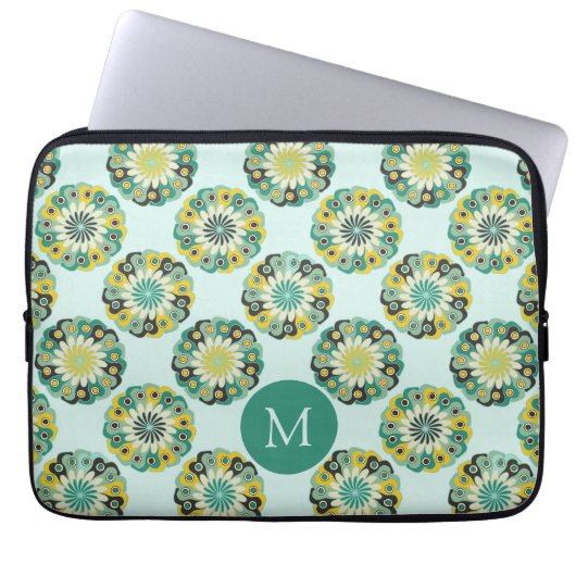 Grünes Teal modernes Blumenmuster Monogramm Laptopschutzhülle (Vorderseite)
