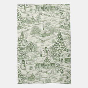 Grünes Toile-Muster eines Weihnachtsdorfes im Vint Geschirrtuch