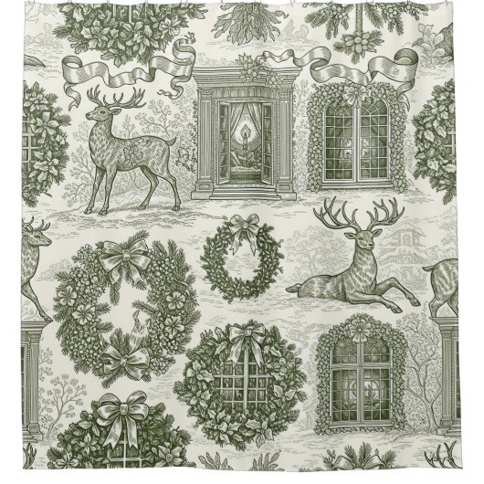 Grünes Toile-Waldhirsch-Weihnachtsmuster Duschvorhang (Vorderseite)