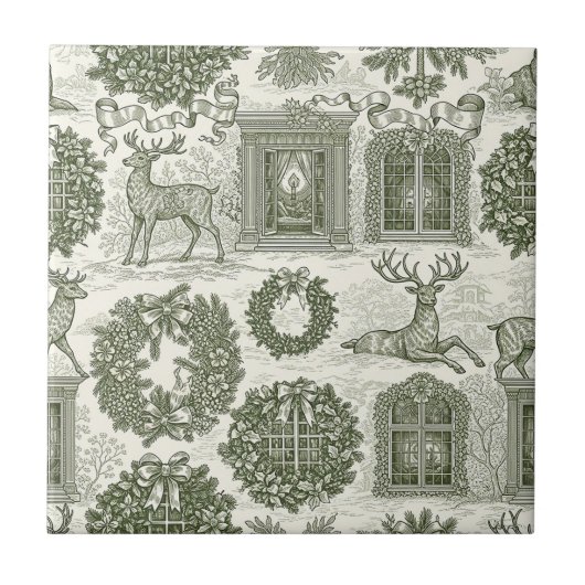 Grünes Toile-Waldhirsch-Weihnachtsmuster Fliese (Vorderseite)